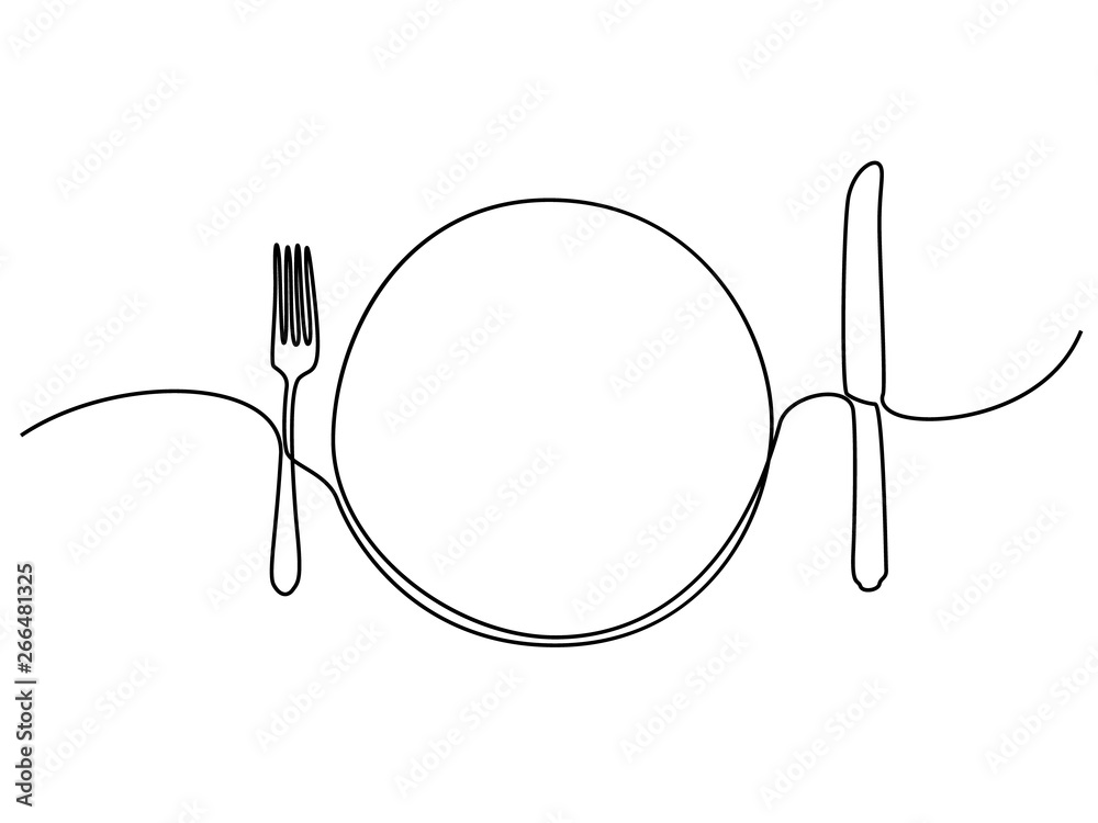 Continuous line plate, khife and fork. Vector illustration.