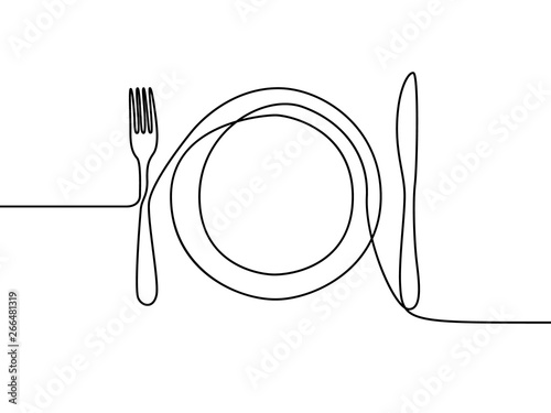 One continuous line plate, khife and fork. Vector illustration. photo