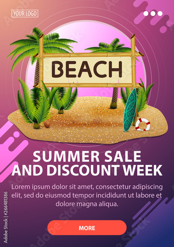 Summer sale and discount week, vertical discount banner with modern design in dark shades for your website with coconut palms and bamboo sign with the inscription "beach"