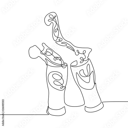 Continuous line clinking glasses of beer create big splashes. Vector illustration.
