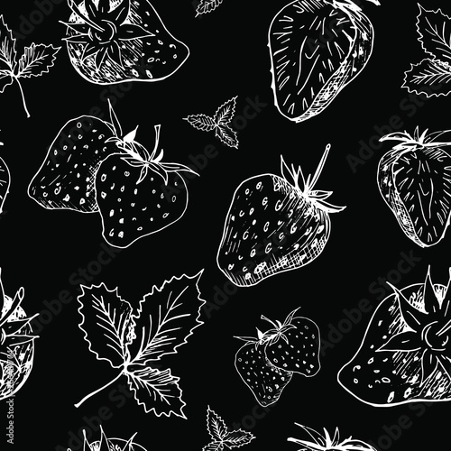White strawberry on black backdrop. Strawberry chalk background. Hand sketched white berries and leaves from strawberries on black background. Seamless vector wallpaper.