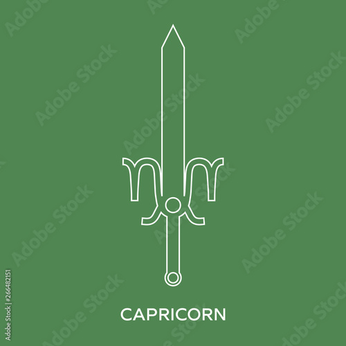 Capricorn zodiac sign. Line style icon of zodiacal weapon sword. One of 12 zodiac weapons. Astrological, horoscope sign. Clean and modern vector illustration for design, web.