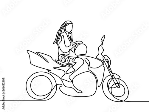Continuous line woman sitting on motorbike. Vector illustration.