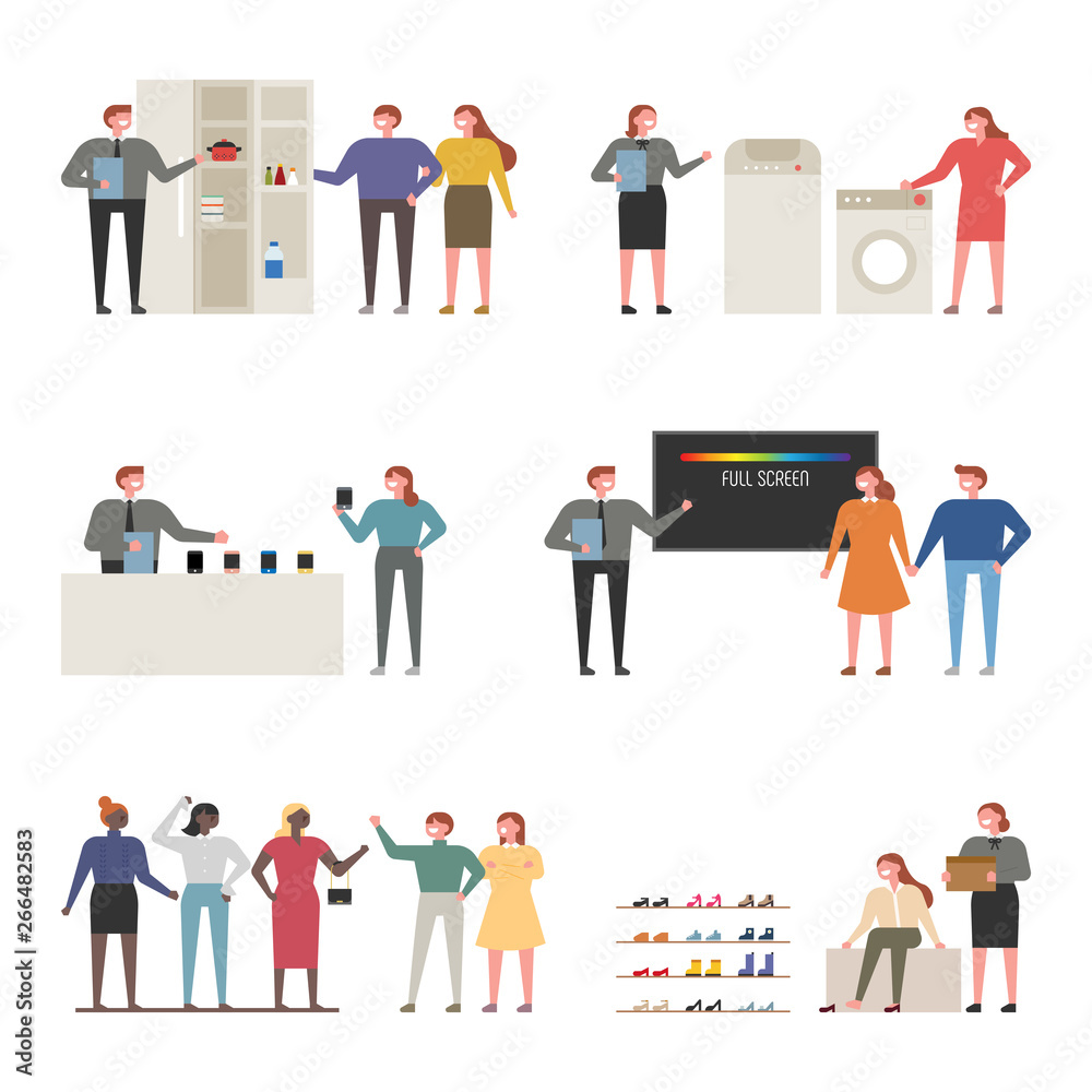 Employees and customers who sell things at department stores. flat design style minimal vector illustration