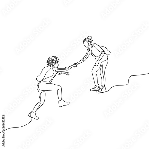 Continuous one line drawing woman help climb up to other woman. Mutual support concept