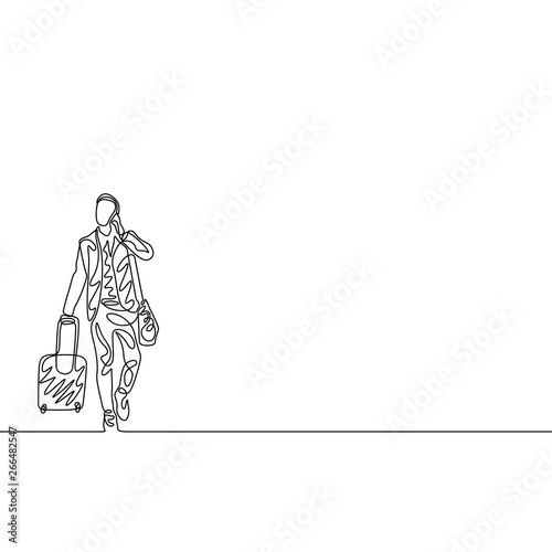Continuous one line man with traveling bag and phone. Travel concept