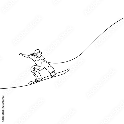 One continuous line Snowboarder jumps. Dynamical illustration.