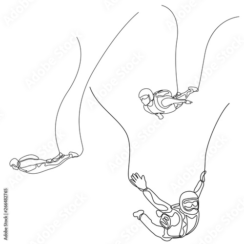 Continuous one line Set of skydivers. Vector.