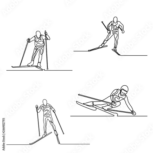 Continuous line set of Skiers. One line drawing. Vector.