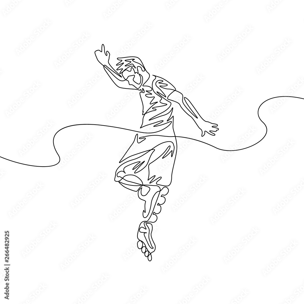 Fototapeta premium Continuous one line drawing man perform a trick on roller skates. Sport, recreation, friendship, relax, hobby theme.