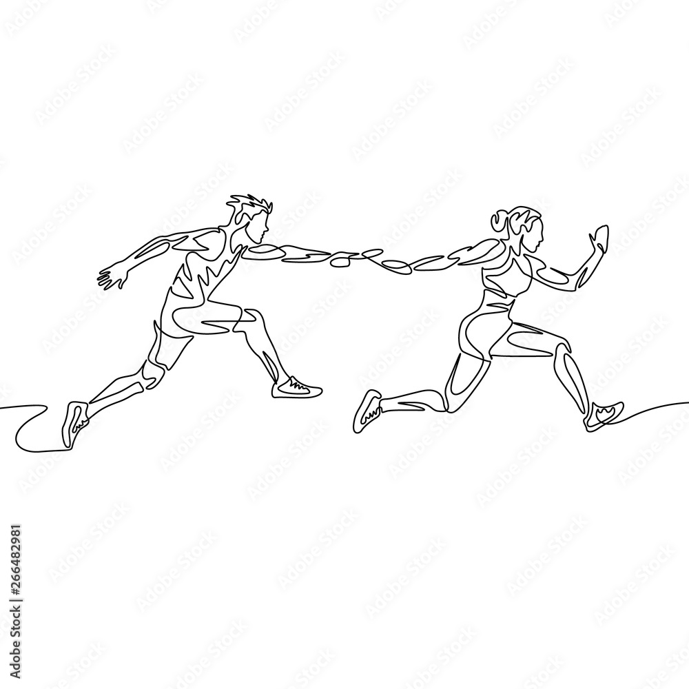Continuous one line drawing relay race, runner passes the baton