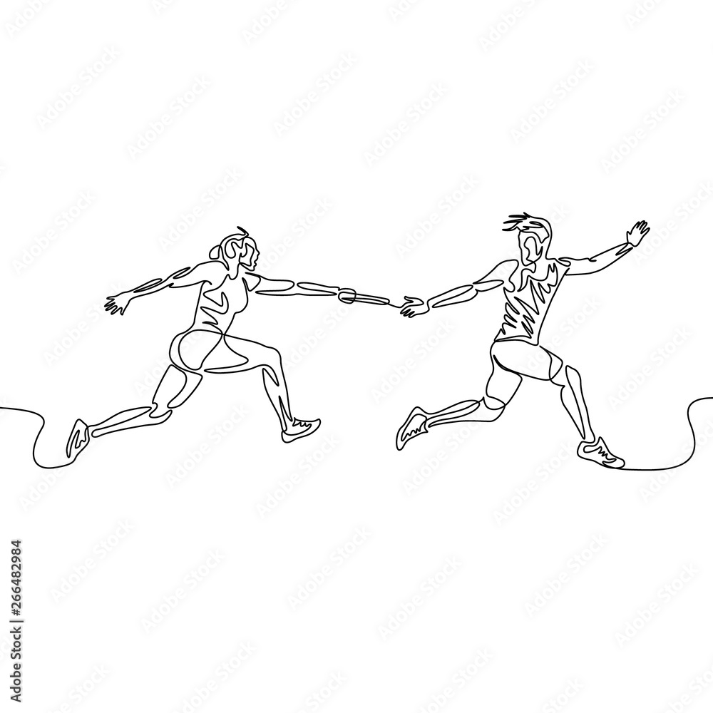 Continuous one line drawing relay race, runner passes the baton