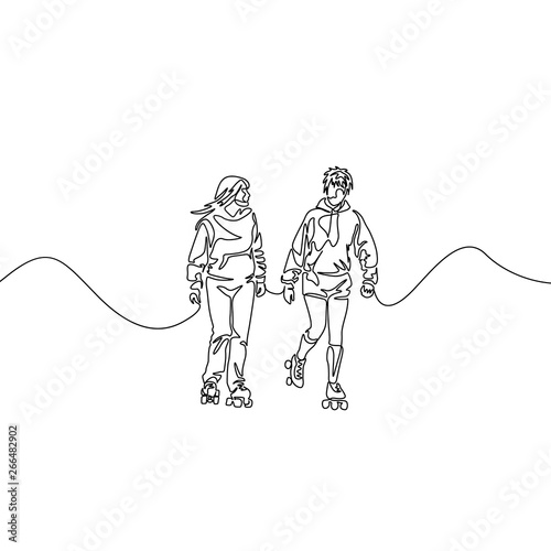 Continuous one line drawing two girlfriends rollerblading. Two girlfriends rollerblading. Sport, recreation, friendship, relax, hobby theme.
