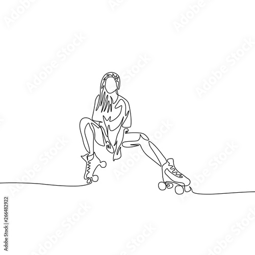 Continuous one line drawing beautifull girl sitting ir roller skate. Sport, recreation, friendship, relax, hobby theme.