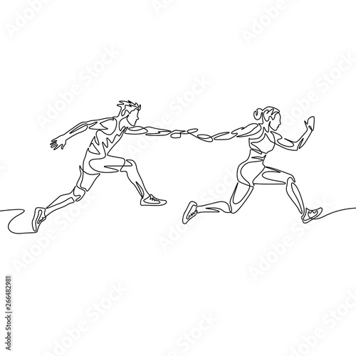 Continuous one line drawing relay race, runner passes the baton. Teamwork concept.