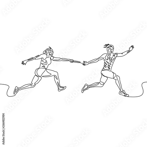 Continuous one line drawing relay race, runner passes the baton. Teamwork concept.