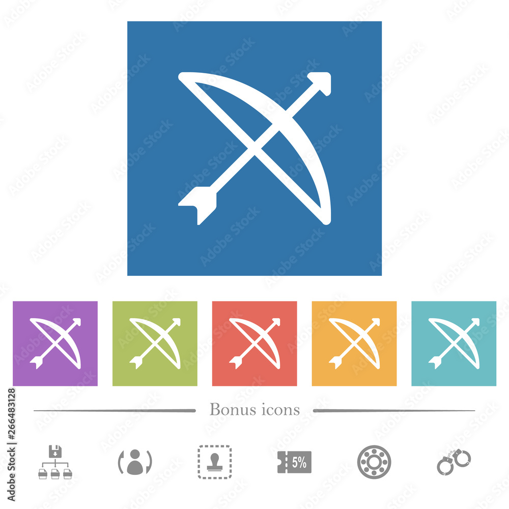 Bow with arrow flat white icons in square backgrounds