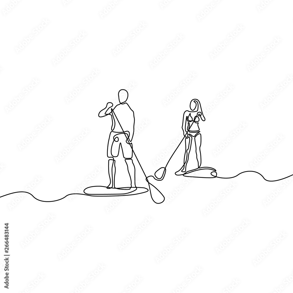 Continuous line man and woman paddle boarding