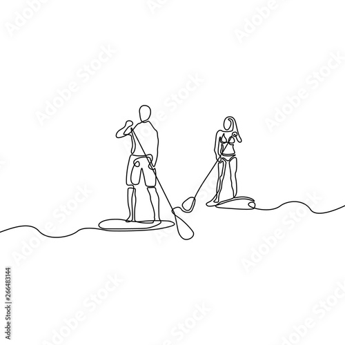 Obraz na płótnie Continuous line man and woman paddle boarding w salonie