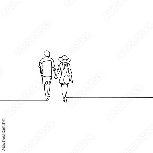 Continuous line couple in love walk holding hands