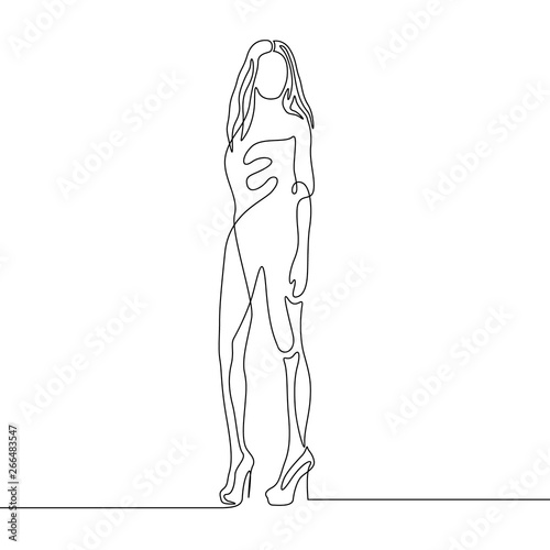 Continuous one line drawing fashion standing woman in dress