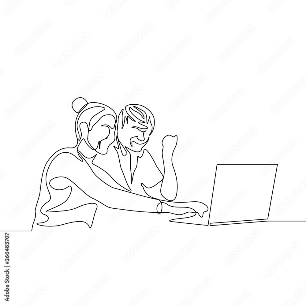 Continuous one line drawing happy couple of man and woman using laptop Continuous one line drawing happy couple of man and woman using laptop