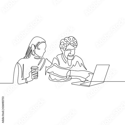 Continuous one line drawing couple have fun with laptop internet © Askha