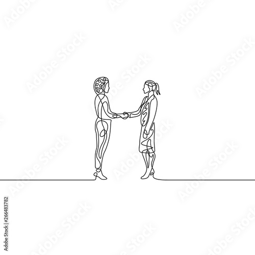 Continuous one line businesswomans handshaking. Agreement concept