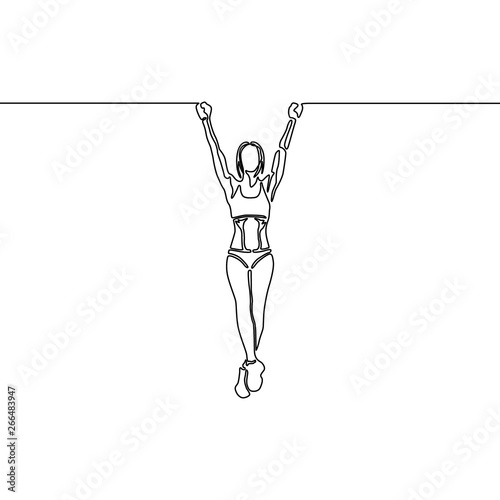 Continuous line woman with fit body hanging on the horizontal bar. Vector illustration.