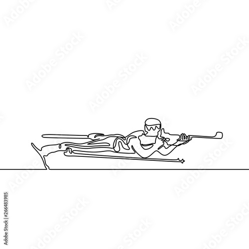 Continuous line Lying down biathlete aims. Vector illustration.