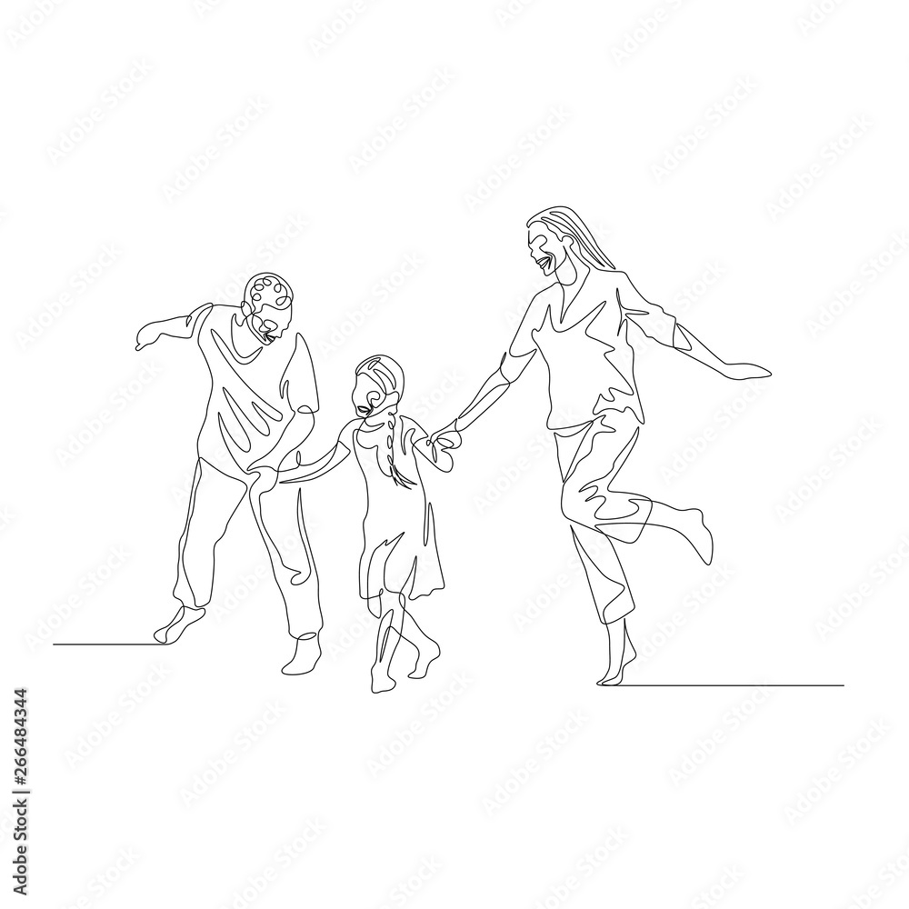 One line family walking together and holding the hands and playing One line family walking together and holding the hands and playing