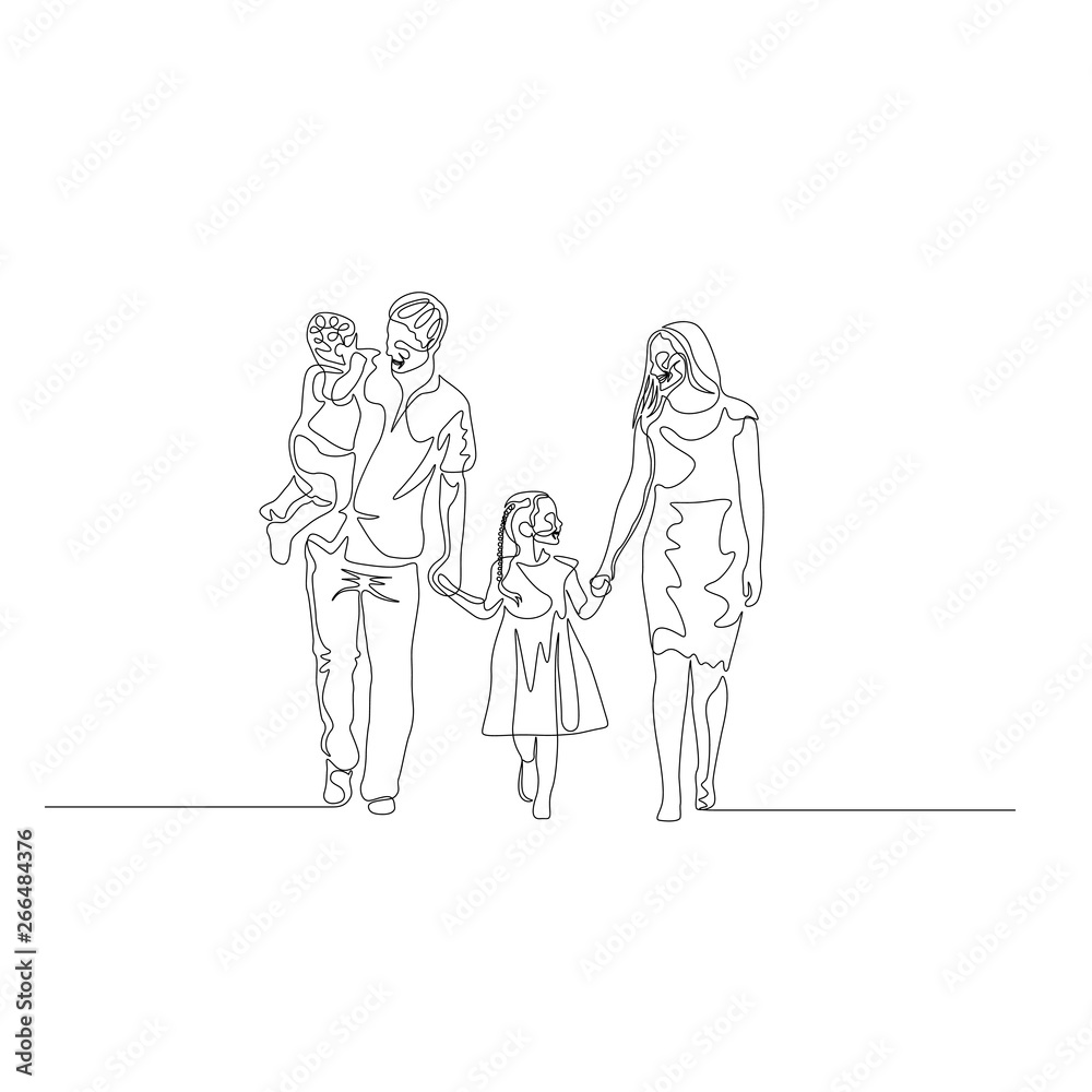 Continuous one line happy family walking holding the hands. Father holds son in his arms. Family concept