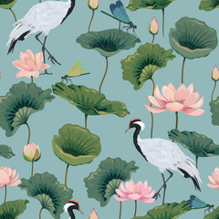 Canvas schilderij Japanse stijl patronen Lotusbloemen met Japanse kraanvogels  © Hmarka