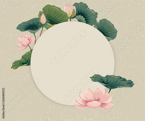 Round template with lotus flowers and lotus leaves