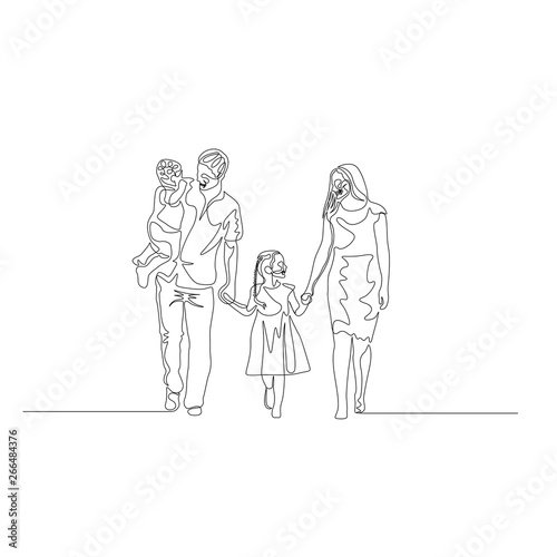 Continuous one line happy family walking holding the hands. Father holds son in his arms. Family concept