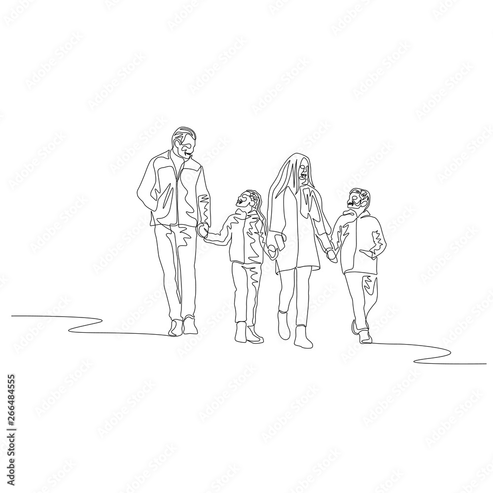 Continuous one line happy family walking together holding the hands