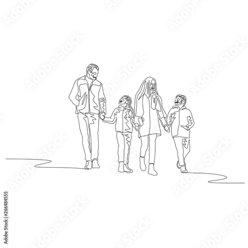 Continuous one line happy family walking together holding the hands