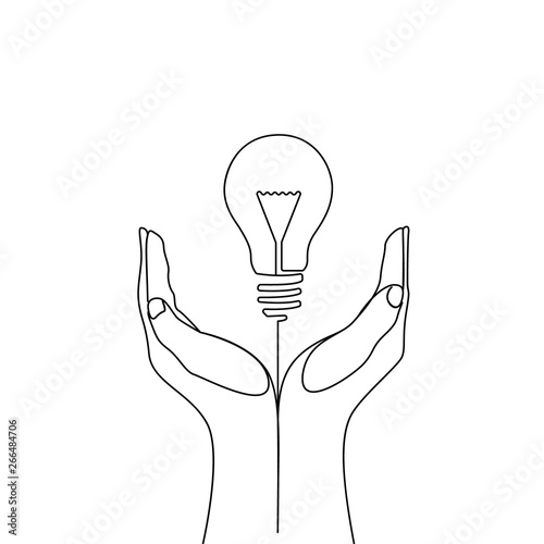 Continuous one line bulb in hands of man - symbol of eco idea