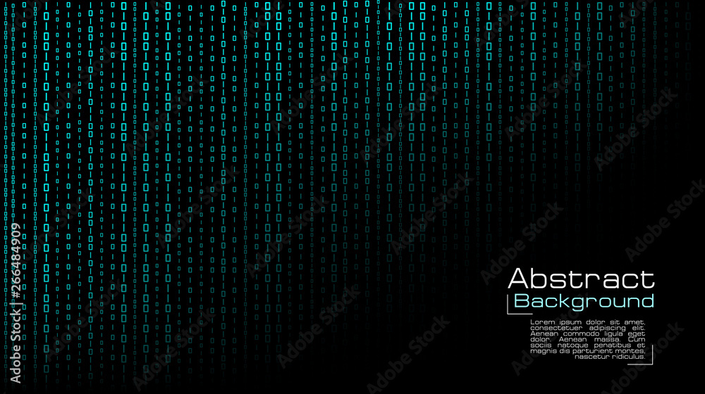 Vector streaming blue binary code on black background. Design for cover ...