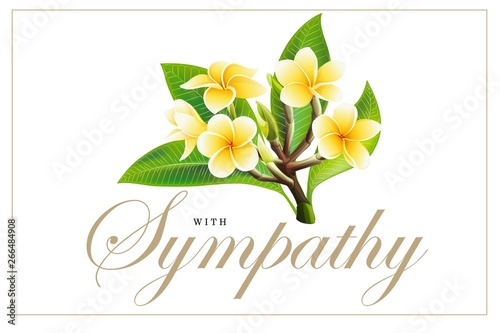 Golden frangipani or plumeria flowers with leaves. Vector invitation Postcard