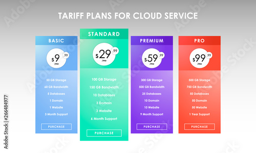 Colorful four tariffs for cloud service, interface for the site