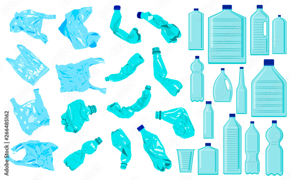 Set of cellophane bags, crumble bottles and plastic bottles. Plastic pollution. Ecology problem - obrazy, fototapety, plakaty 