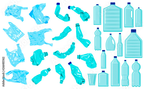 Obraz na płótnie Set of cellophane bags, crumble bottles and plastic bottles. Plastic pollution. Ecology problem w salonie