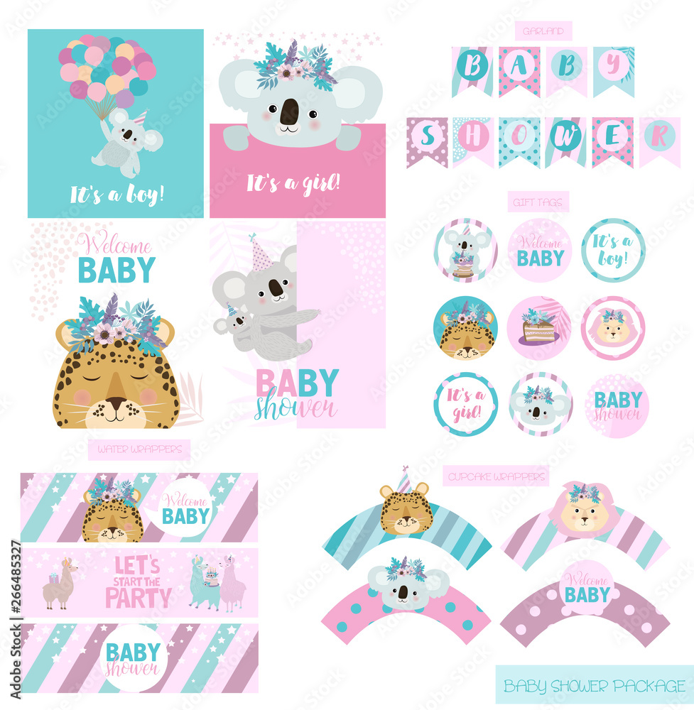 Baby Shower party package collection with fun animals. Festive set of labels, wrappers, flags and cards. Editable vector illustration