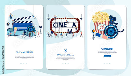 Making movie, video production Mobile App Page with tiny people in the process of shooting a movie. Editable vector illustration