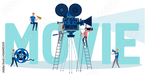 Making movie, video production landing page template with huge inscription, tiny people in the process of shooting a movie. Editable vector illustration