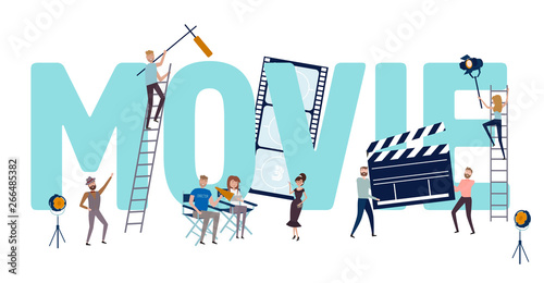 Making movie, video production landing page template with huge inscription, tiny people in the process of shooting a movie. Editable vector illustration