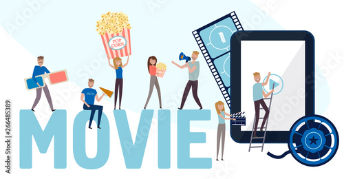 Making movie, video production landing page template with huge inscription, tiny people in the process of shooting a movie. Editable vector illustration