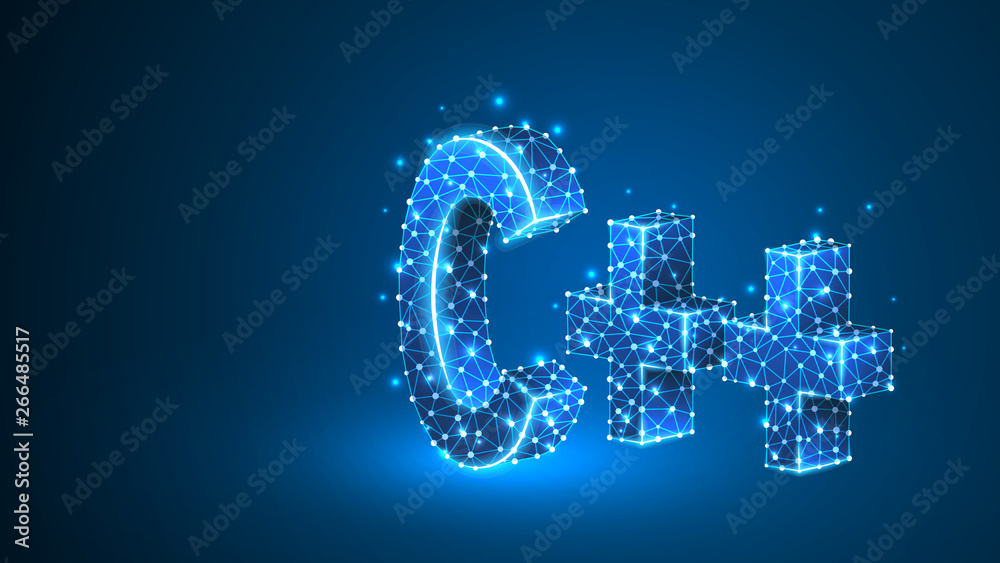 C plus coding language sign. Device, programming, developing concept. Abstract, digital, wireframe, low poly mesh, vector blue neon 3d illustration. Triangle, line, dot, star