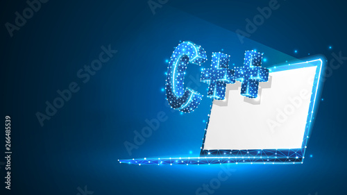 C plus coding language on white notebook screen. Device, programming, developing concept. Abstract, digital, wireframe, low poly mesh, vector blue neon 3d illustration. Triangle, line, dot, star